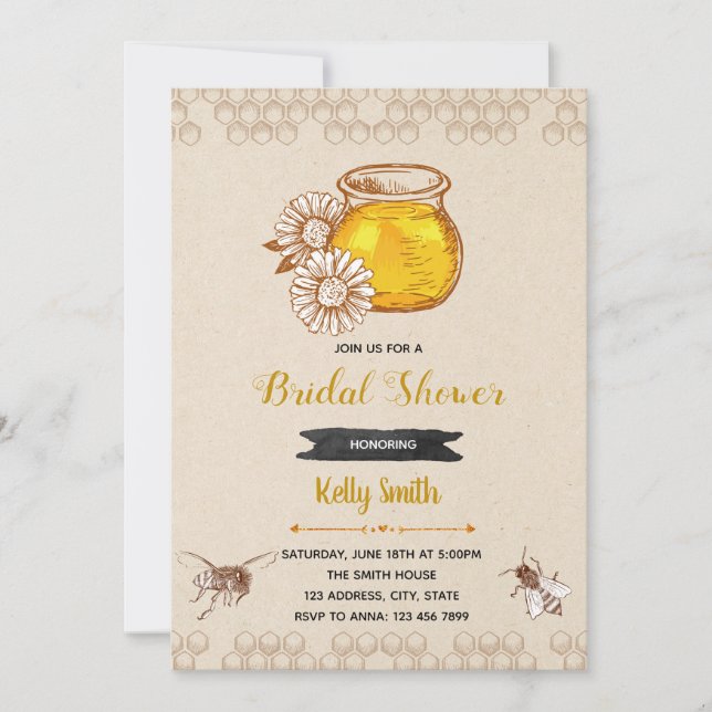 Invitación a fiesta de shower rústica tema abeja (Anverso)