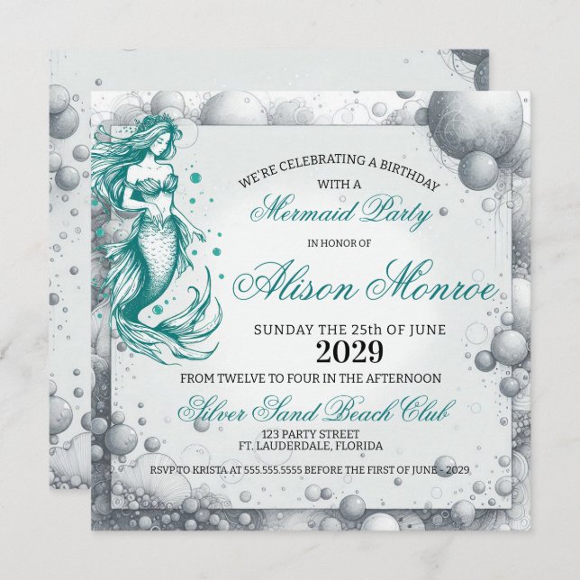 Invitación a Fiesta de Sirena verde azulada (Anverso / Reverso)