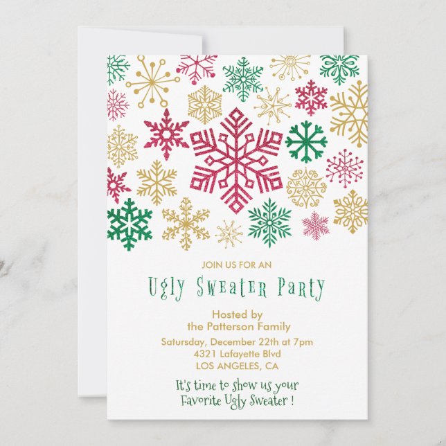 Invitación a fiesta de suéter feo copos de nieve m (Anverso)