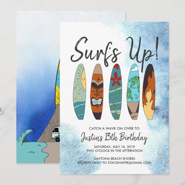 Invitación a fiesta de surf para preadolescentes (Anverso / Reverso)