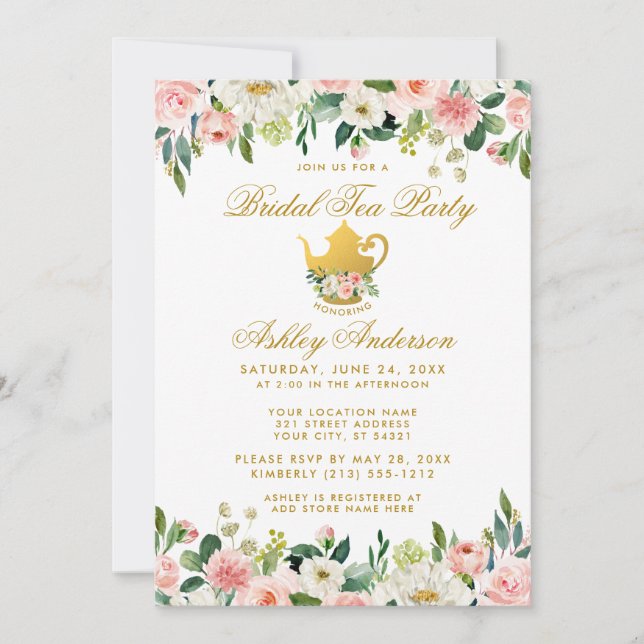 Invitación a Fiesta de té con ducha de novia dorad (Anverso)