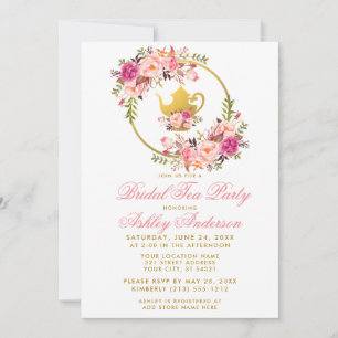 Invitación a Fiesta de Té con flores de oro rosada