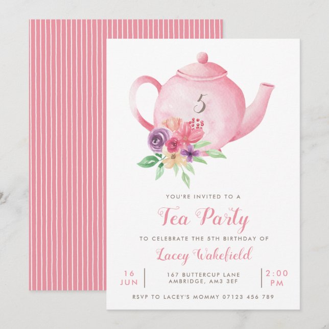 Invitación a Fiesta de té de cumpleaños de Chica d (Anverso / Reverso)