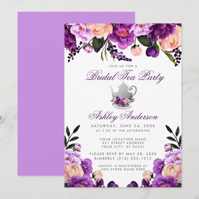 Invitación a Fiesta de té de ducha de novia púrpur (Anverso / Reverso)