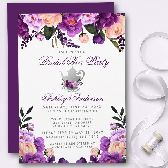 Invitación a Fiesta de té de ducha violeta ultravi (Customize to change text color,  size, style or color of back of card.)