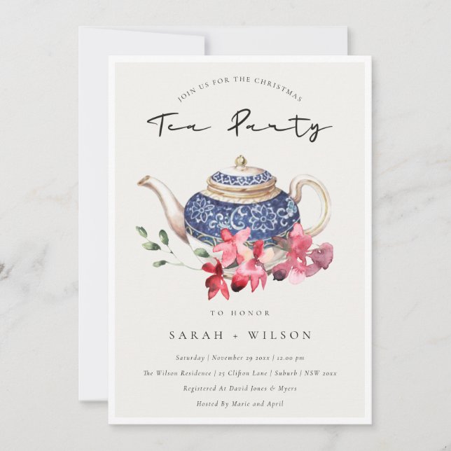 Invitación a Fiesta de té de Navidades de tetera c (Anverso)