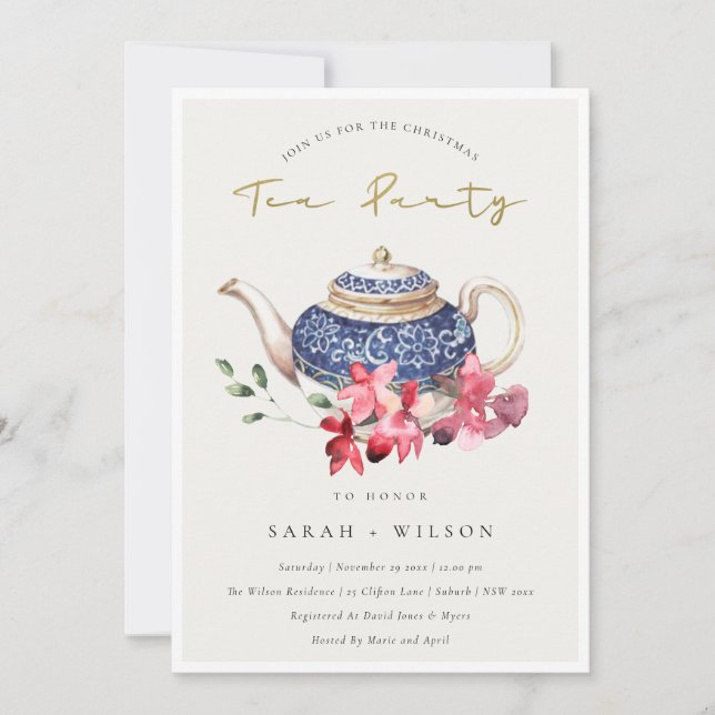 Invitación a Fiesta de té de Navidades de tetera c (Anverso)