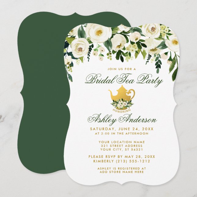 Invitación a Fiesta de té de novia floral verde y  (Anverso / Reverso)