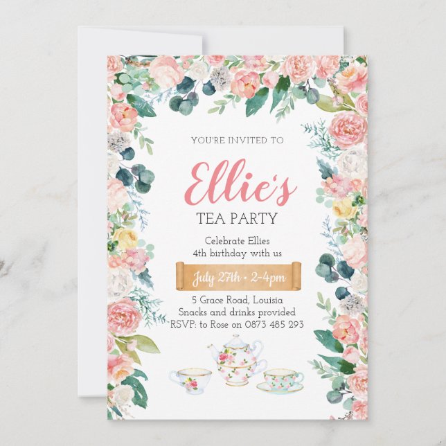 Invitación a fiesta de té floral en el jardín (Anverso)