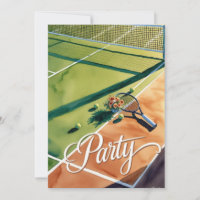 Invitación a fiesta de tenis con raqueta en la can