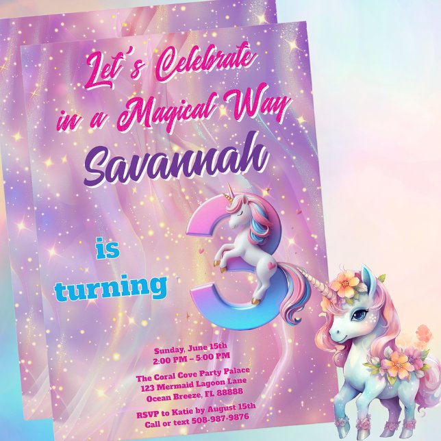 Invitación a Fiesta de tercer cumpleaños de Dreamy (Magical Unicorn Birthday Party Invitation)