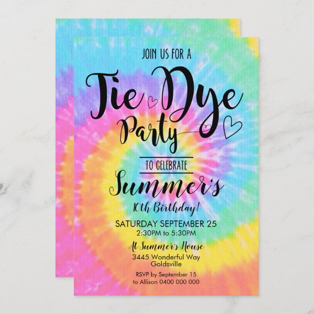 Invitación a fiesta de Tie Dye Hippy Tie Dye (Anverso / Reverso)