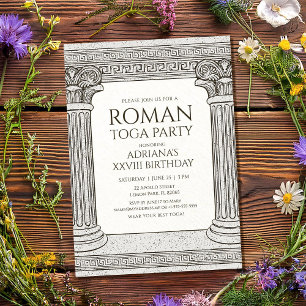 Invitación a fiesta de toga romana con columnas el