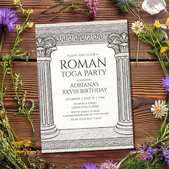 Invitación a fiesta de toga romana con columnas el (Subido por el creador)