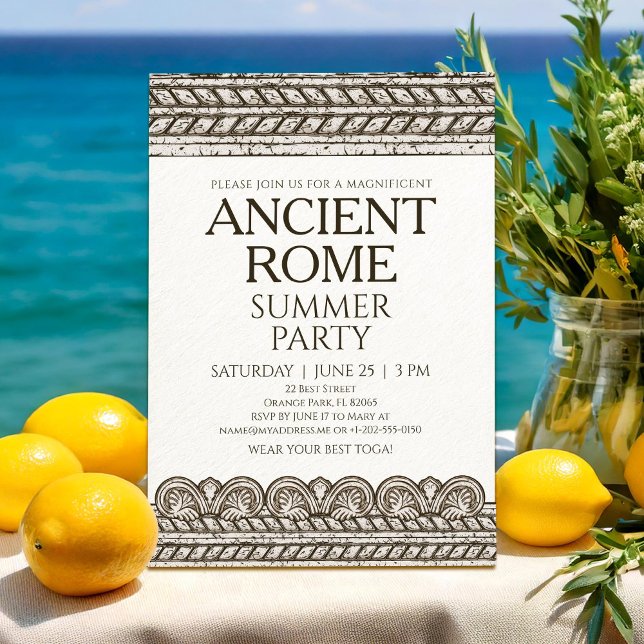 Invitación a fiesta de toga romana con elementos d (Subido por el creador)