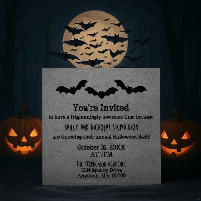 Invitación a fiesta de Trio de Bats Halloween, gri (Gray Trio of Bats Halloween Party Invitation)