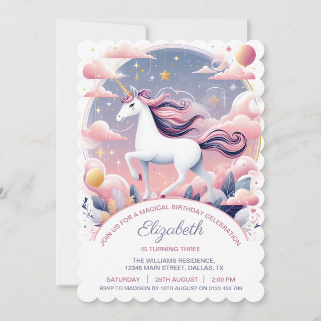 Invitación a Fiesta de Unicorn, cumpleaños de Unic (Anverso)