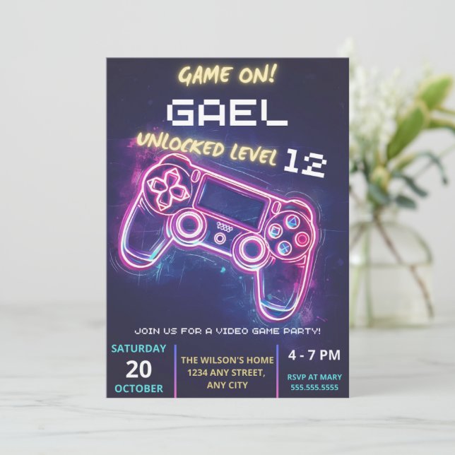 Invitación a fiesta de videojuegos, cumpleaños (Anverso de pie)