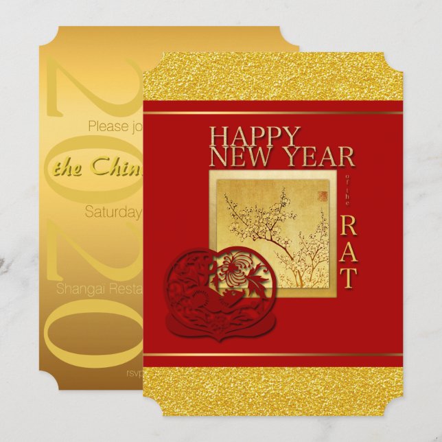 Invitación a Fiesta del Año Rat Chino de Primavera (Anverso / Reverso)