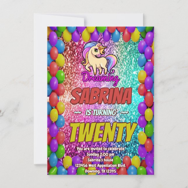 Invitación a Fiesta del arcoiris mágico de unicorn (Anverso)
