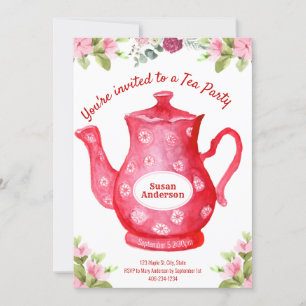 Invitación a fiesta del té con tetera floral acuar