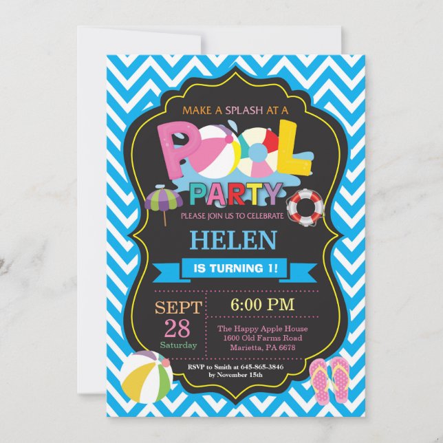 Invitación a Fiesta en la Piscina Azul Salpica Sal (Anverso)