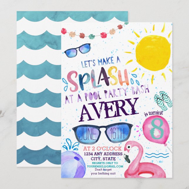 Invitación a fiesta en la piscina con acuarela (Anverso / Reverso)