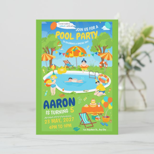 Invitación a fiesta en la piscina Cumpleaños en la (Anverso de pie)