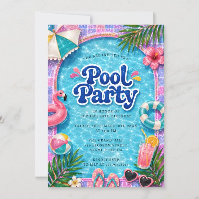 Invitación a Fiesta en la Piscina Cumpleaños Playa (Anverso)