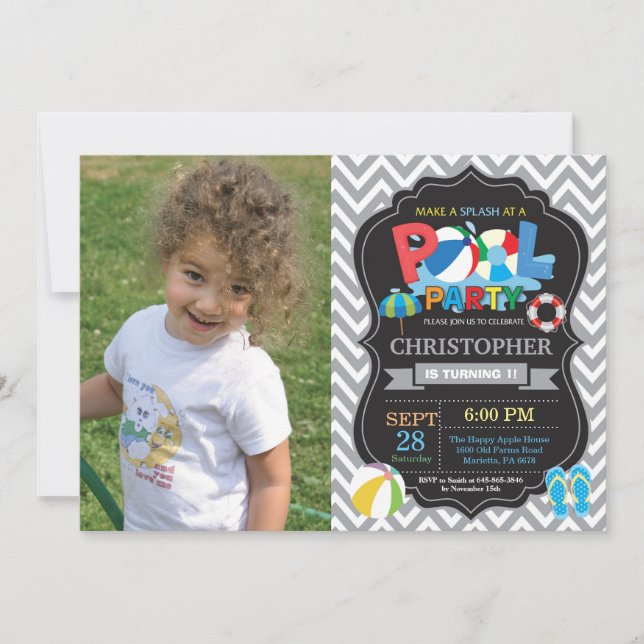 Invitación a Fiesta en la Piscina Gris Splish Spla (Anverso)