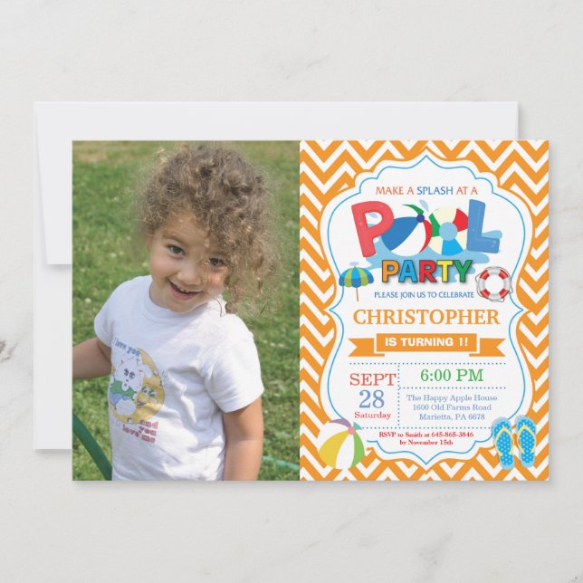 Invitación a Fiesta en la Piscina Naranja Splash B (Anverso)