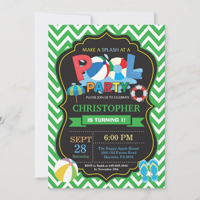 Invitación a Fiesta en la Piscina Verde Splish Spl (Anverso)