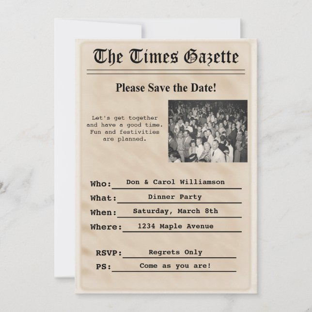 Invitación a fiesta en periódico antiguo (Anverso)