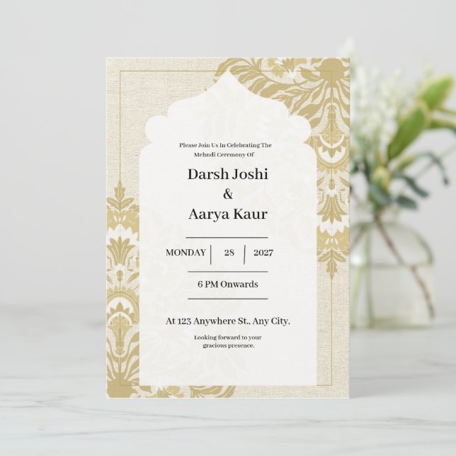 Invitación a fiesta india beige y amarilla (Anverso de pie)