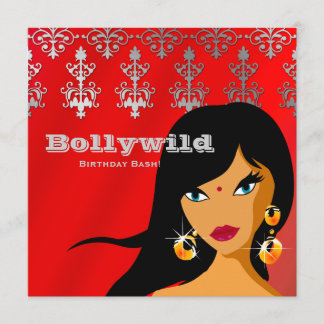 Invitación a fiesta india con Bindi plateado rojo