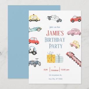 Invitación a fiesta infantil con tema de vehículos