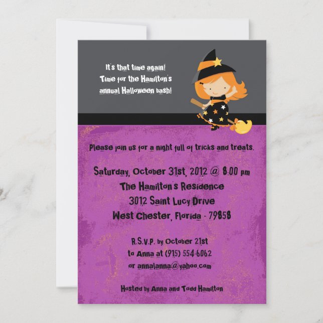 Invitación a fiesta morada de Halloween para niños (Anverso)