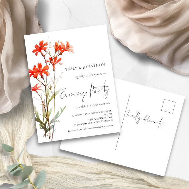 Invitación a fiesta nocturna del Boda Red Wildflow (front and back view of postcard)