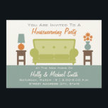 Invitación a fiesta para el calentamiento de la ca<br><div class="desc">Una moderna invitación a la fiesta para los amantes de la limpieza, con una combinación de colores verdes, naranjas, azules y marrones. El sofá verde está situado en el centro, entre mesas bajas de color marrón con un jarrón de flores y una lámpara. El suelo es azul. Personalice el texto...</div>