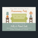 Invitación a fiesta para el calentamiento de la ca<br><div class="desc">Una moderna invitación a la fiesta para los amantes de la limpieza, con una combinación de colores verdes, naranjas, azules y marrones. El sofá verde está situado en el centro, entre mesas bajas de color marrón con un jarrón de flores y una lámpara. El suelo es azul. Personalice el texto...</div>