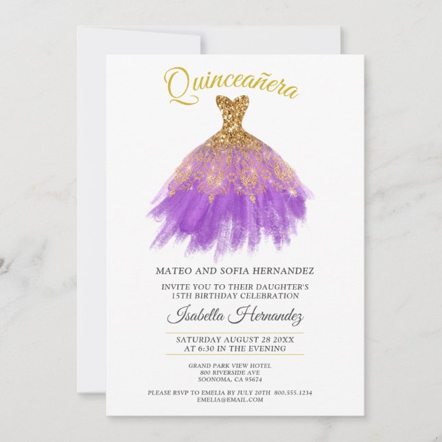 Invitación a fiesta púrpura de Quineanera Gold Pur (Anverso)