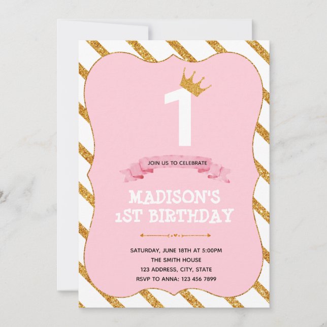 Invitación a fiesta rosa de primer cumpleaños de T (Anverso)