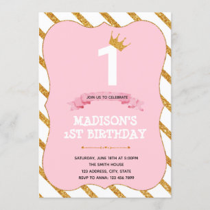 Invitación a fiesta rosa de primer cumpleaños de T