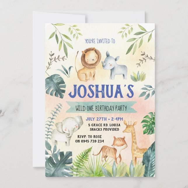 Invitación a fiesta Safari, cumpleaños del zoológi (Anverso)