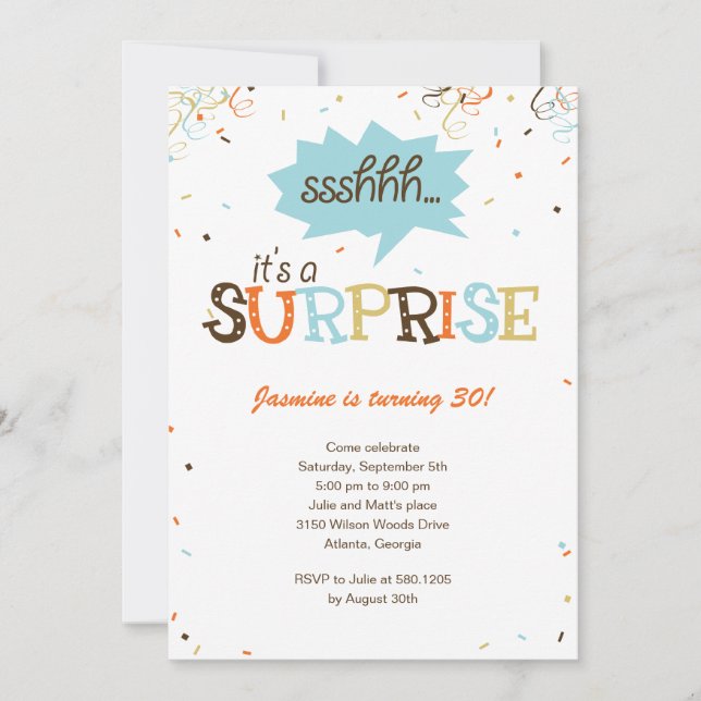 Invitación a fiesta sorpresa de Confetti Shower (Anverso)