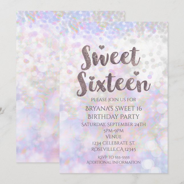 Invitación a fiesta Sweet 16 con brillo blanco iri (Anverso / Reverso)