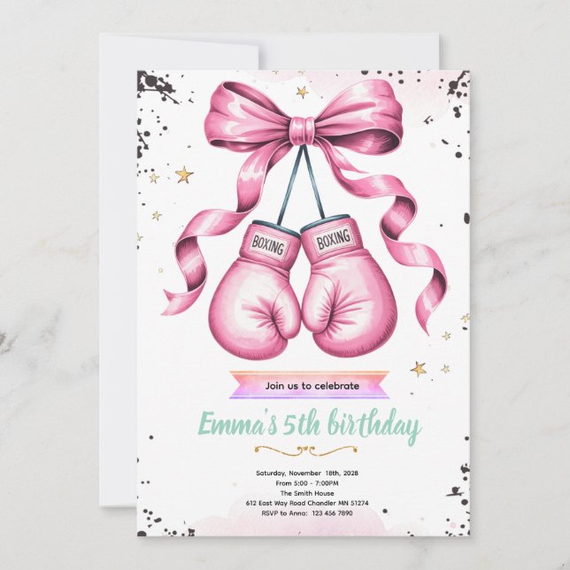 invitación a fiesta temática de boxeo de chicas (Anverso)