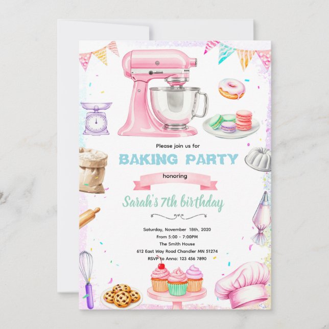 invitación a fiesta temática de repostería (Anverso)