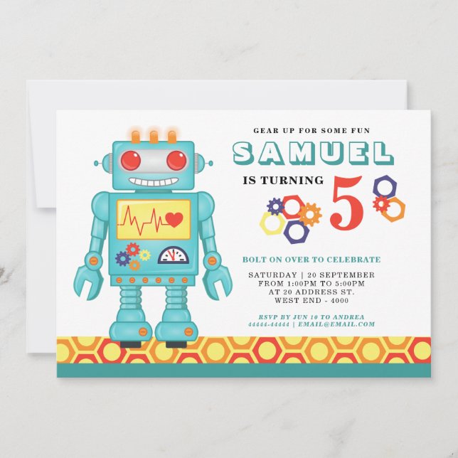 Invitación a fiesta temática de Robot (Anverso)