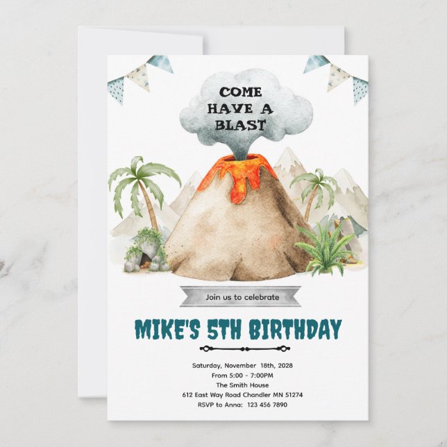 Invitación a fiesta temática de volcán (Anverso)